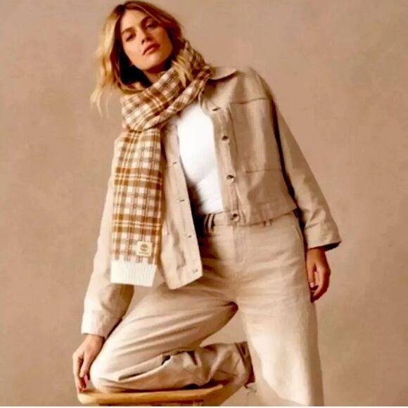 NWT Timberland Scarf Wheat Plaid One Size Winter Fall Logo - Picture 1 of 9